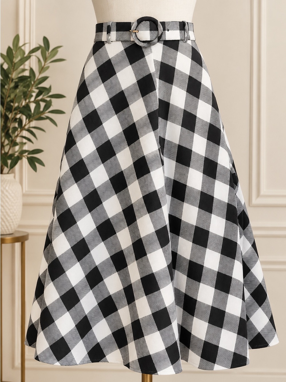Kate Spade NY Linen Blend Gingham Belted Midi Skirt Black White 2 NWOT $328 - Picture 2 of 5